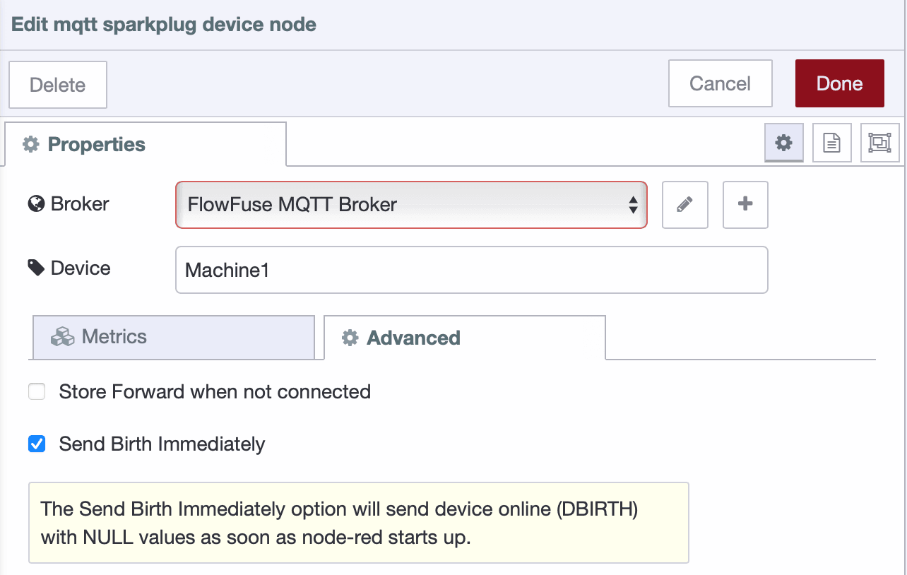Screenshot showing the Sparkplug Device node configuration and the "Add" button for defining metrics